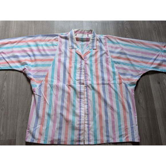 Vintage Pyramid Pastel Striped Button-Up Blouse With 3/4 Sleeves Pointed Collar - Picture 3 of 7